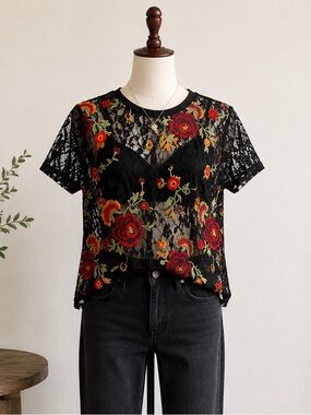 Zara Black Lace Embroidered Floral Top Romantic Goth Boho Medium